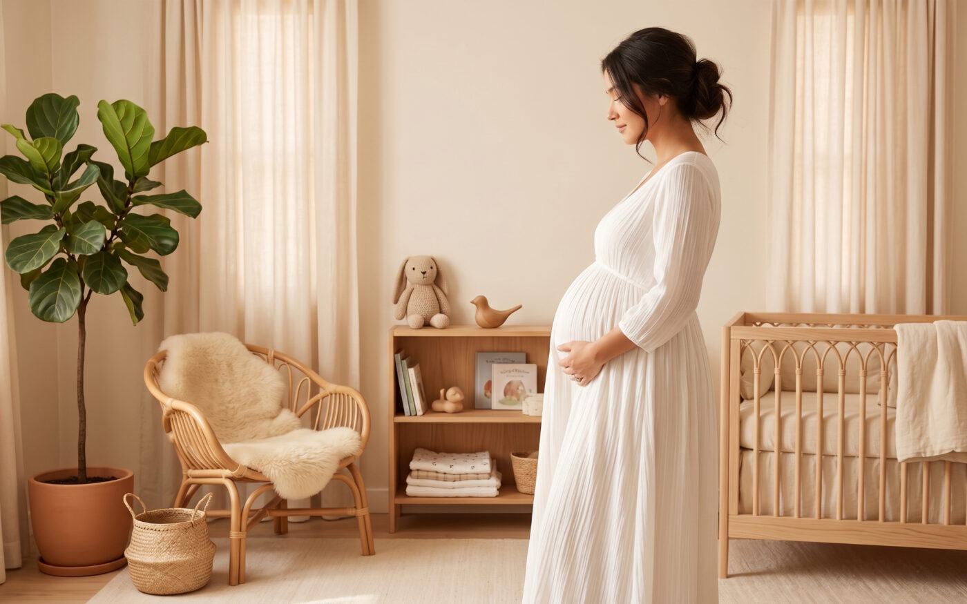 Schwangere Frau im weißen Kleid steht im hell eingerichteten Babyzimmer und hält ihren Bauch