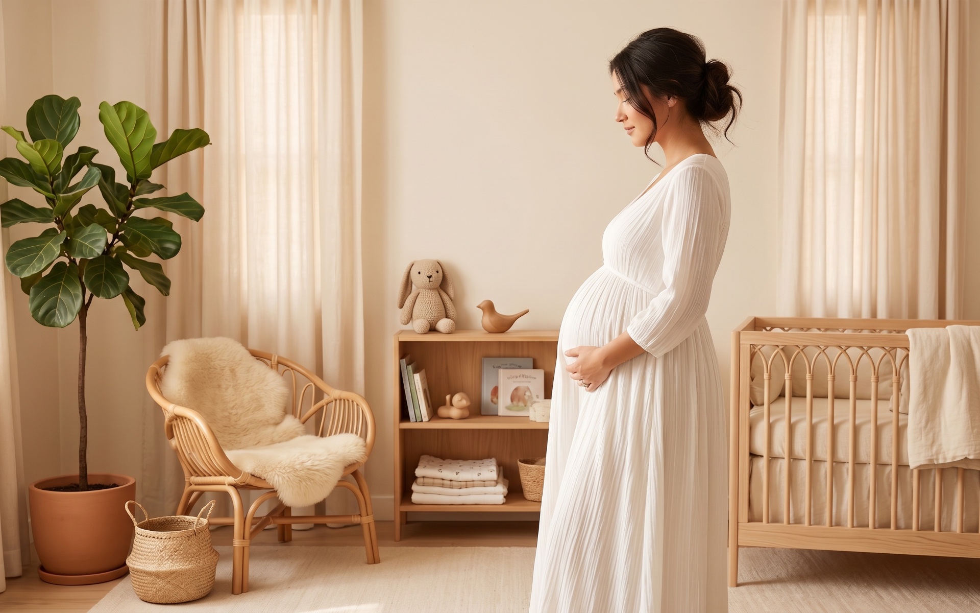 Schwangere Frau im weißen Kleid steht im hell eingerichteten Babyzimmer und hält ihren Bauch