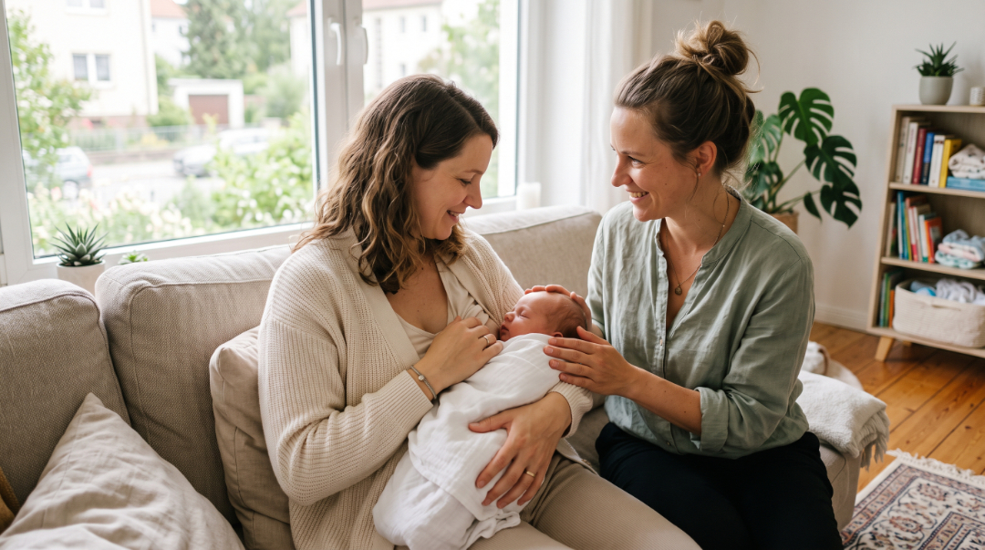Einfühlsame Wochenbettbetreuung: Eine Hebamme sitzt bei einer Mutter auf dem Sofa und unterstützt sie liebevoll beim Halten des Neugeborenen."