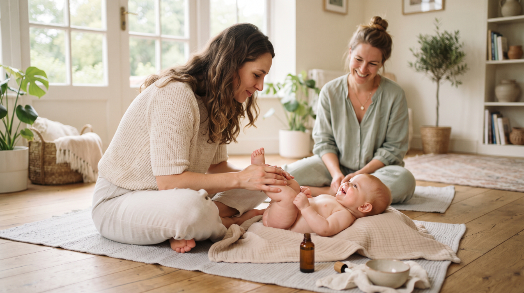 Babymassage Kurs: Eine lächelnde Mutter massiert sanft die Beine ihres Babys, während die Hebamme im Hintergrund beruhigend zuschaut.