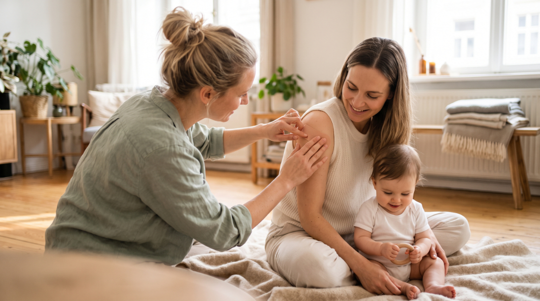 K-Taping in der Babyzeit: Eine Hebamme behandelt die Schulter einer lachenden Mutter mit einem Tape, während das Baby auf ihrem Schoß spielt.