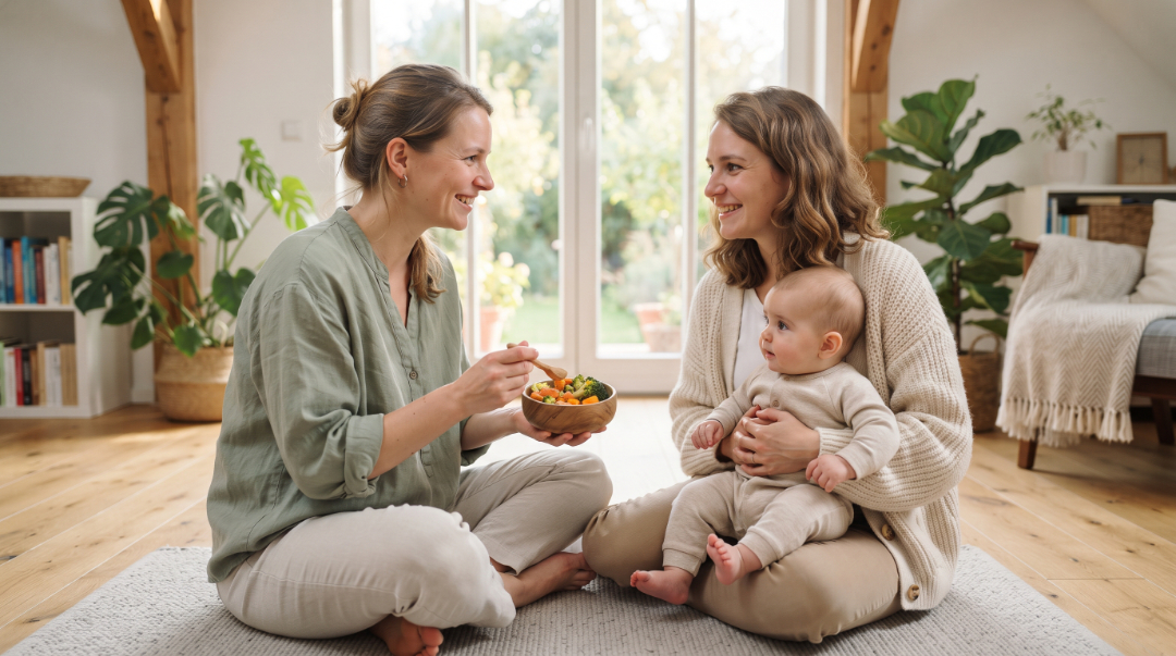 Beikost Workshop: Eine Hebamme erklärt einer interessierten Mutter mit Baby auf dem Schoß anhand einer Schale Gemüse den Beikoststart.