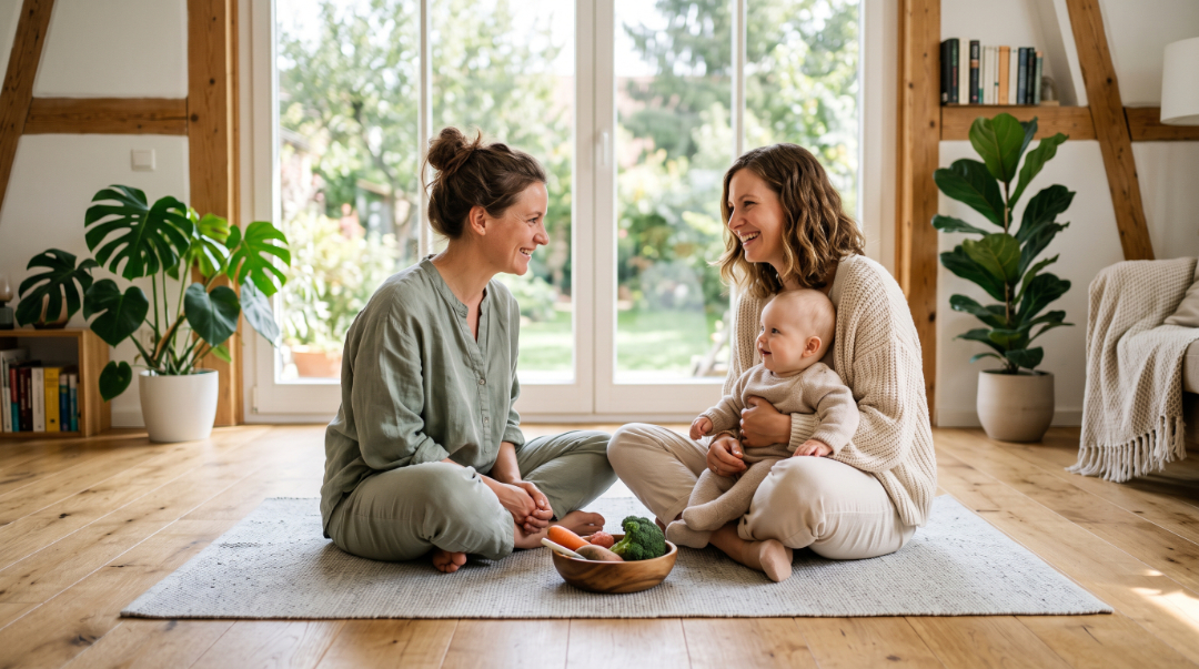 Ernährungs- und Beikostberatung: Eine Hebamme und eine lachende Mutter mit Baby sitzen entspannt auf dem Boden vor einer Schale mit Gemüse.