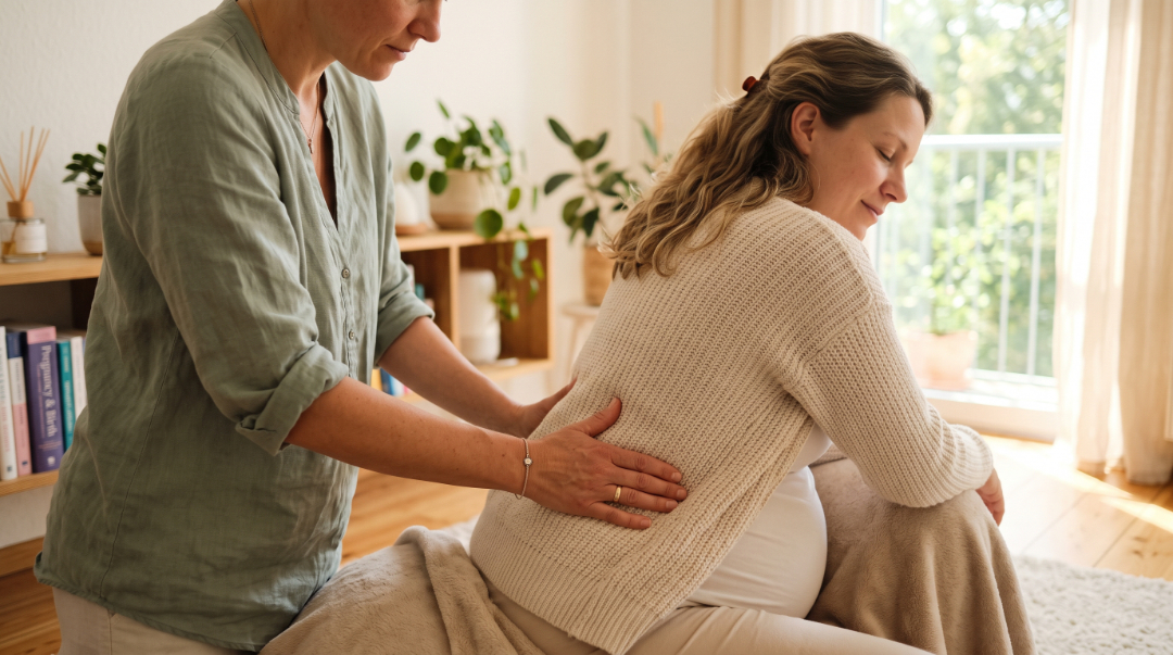 Ganzheitliche Schwangerschaftsvorsorge: Eine Hebamme gibt einer entspannt sitzenden Schwangeren eine sanfte Massage am Rücken zur Linderung von Beschwerden.