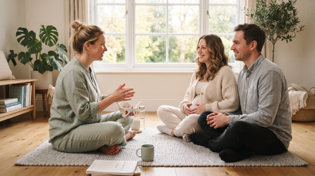 Hypnobirthing Kurs: Eine Hebamme veranschaulicht einem entspannten Paar den natürlichen Geburtsverlauf anhand eines anatomischen Beckenmodells.