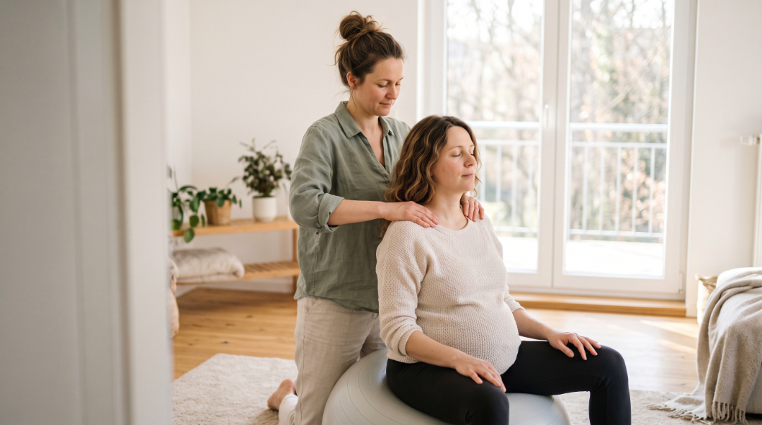 Geburtsvorbereitende Massage: Eine Hebamme massiert die Schultern einer Schwangeren, die mit geschlossenen Augen auf einem Gymnastikball entspannt.