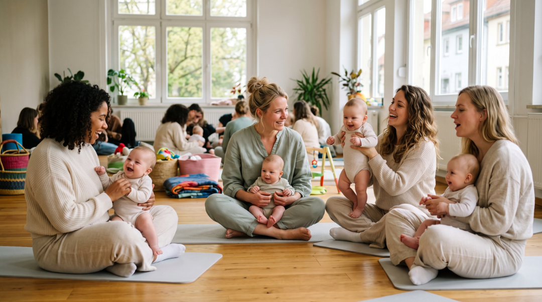 Kurse für Mutter und Baby: Eine Hebamme sitzt lachend mit mehreren Müttern und ihren Babys in einem Kreis auf Matten in einem hellen Kursraum.