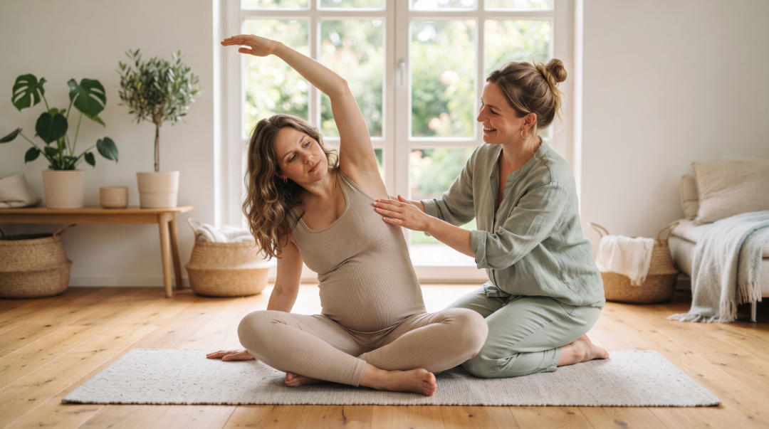 Pilates für Schwangere: Eine Hebamme unterstützt eine Schwangere bei einer sanften, seitlichen Dehnübung auf der Matte im hellen Kursraum.