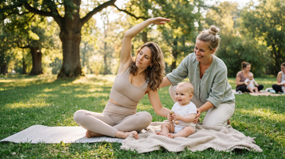 Pilates mit Baby im Erfurter Stadtpark: Eine Mutter dehnt sich auf einer Wiese im Park, das Baby sitzt sicher daneben bei der Hebamme.