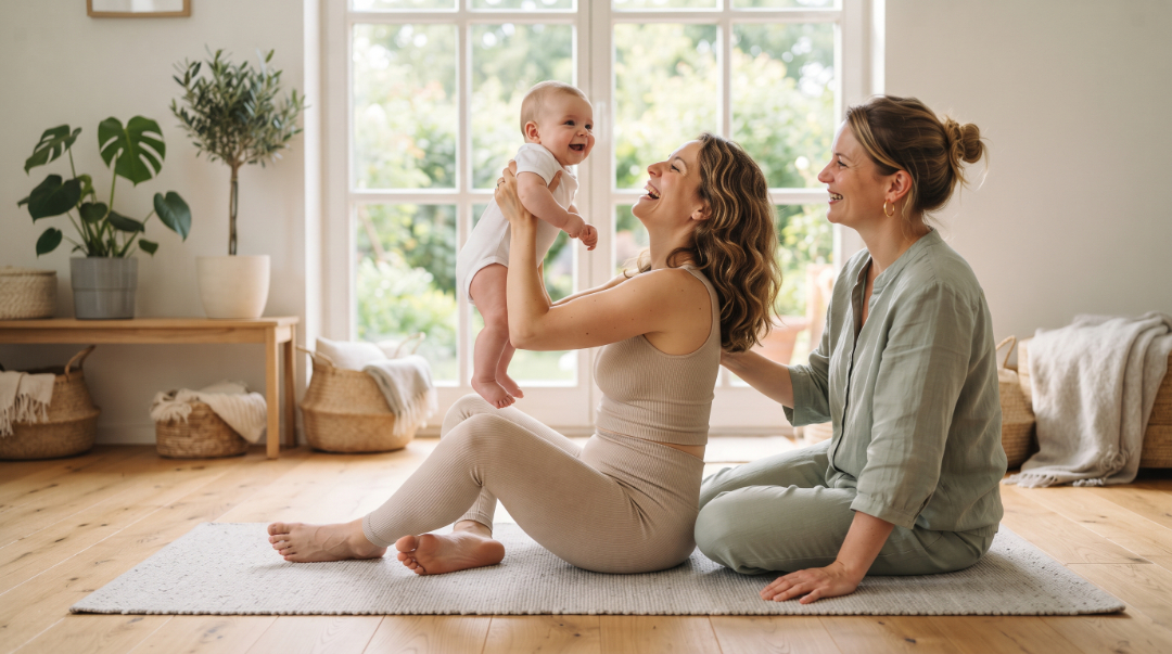 Pilates mit Baby: Eine lächelnde Mutter hält ihr Baby spielerisch in die Luft, während die Hebamme die Rückbildungsübung freudig begleitet.
