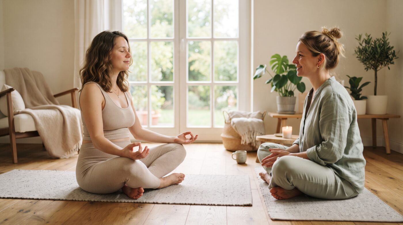 Postnatales Yoga: Eine Mutter meditiert tief entspannt im Schneidersitz auf einer Yogamatte, sanft angeleitet von einer lächelnden Hebamme.