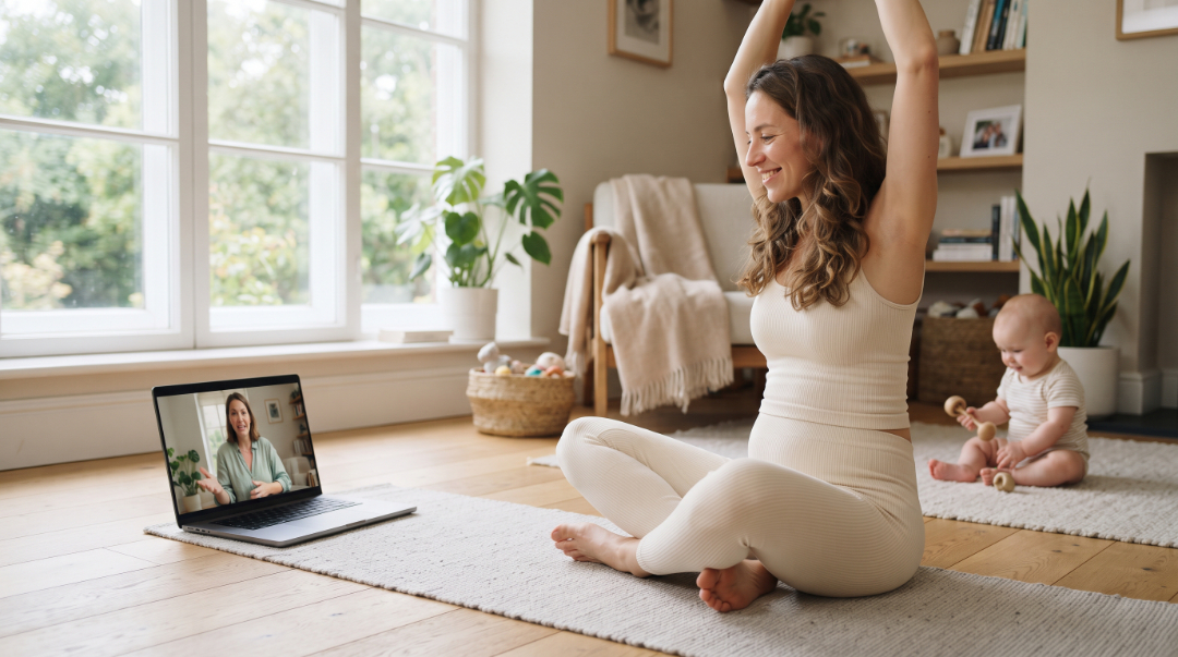 Online-Rückbildungskurs: Eine Mutter macht Dehnübungen vor dem Laptop mit digitaler Anleitung, während ihr Baby entspannt daneben spielt.