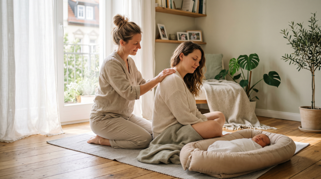 Rückbildungsmassage im Wochenbett: Eine Hebamme massiert die Schultern einer Mutter, während das Neugeborene friedlich in einem Babynest schläft.