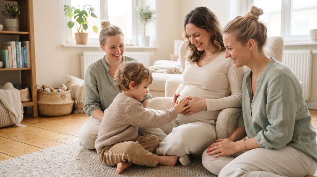 Geschwisterkurs in Erfurt: Ein neugieriges Kleinkind berührt sanft den Babybauch der schwangeren Mutter, liebevoll begleitet von Hebammen.
