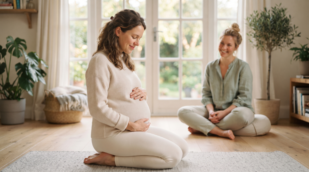 Yoga für Schwangere: Eine werdende Mutter kniet lächelnd auf einer Matte und hält ihren Babybauch, während die Hebamme im Hintergrund zuschaut.